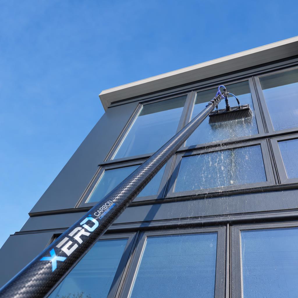 Professional using a pure-water pole to clean windows